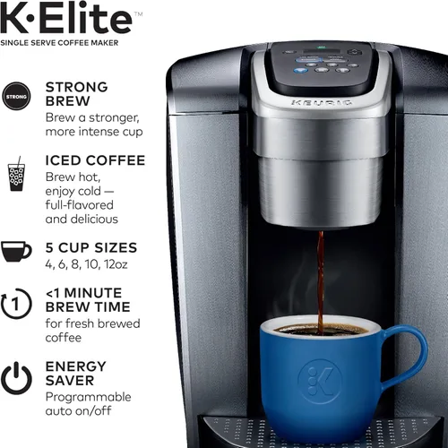 Vista 3 de Keurig K-Elite - Cafetera de cápsulas K-Cup de una sola porción, plata cepillada y espumador independiente, funciona con leche no láctea, espuma