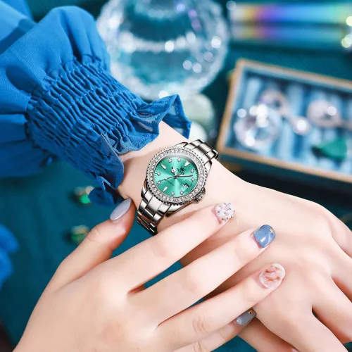 Vista 3 de OLEVS Reloj de pulsera de oro para mujer, con diamantes de lujo, de acero inoxidable, impermeable, luminoso, fecha