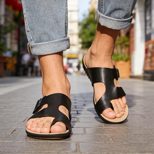 Vista 3 de MGGM Collection - Sandalias de piel de vaca para hombre Negro