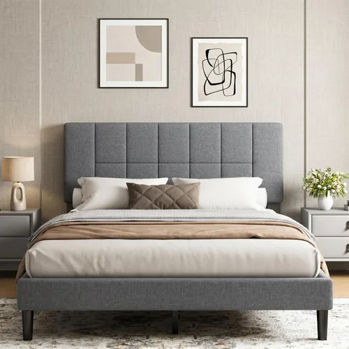 Vista 9 de Marsail Base de cama tapizada de tamaño matrimonial con 2 cajones de almacenamiento, cabecera ajustable, se adapta a colchones de 6 a 12 pulgadas