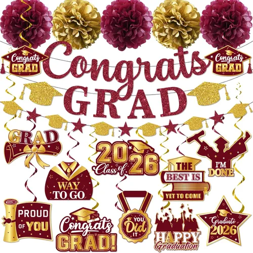Vista 4 de Decoraciones de graduación 2026, pancarta de felicitaciones con purpurina, espirales colgantes y pompones de tela, decoraciones de graduación negras