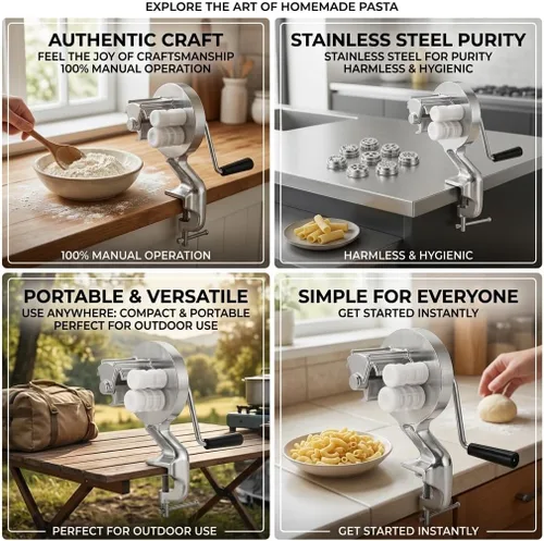 Vista 3 de Máquina manual para hacer macarrones, máquina para hacer pasta, máquina para hacer pasta, acero inoxidable, manivela, fideos, máquina de prensado