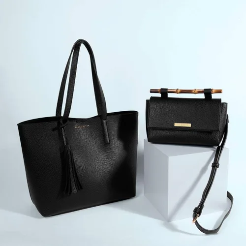 Vista 3 de KATIE LOXTON Mango de bambú para mujer, tamaño mediano, con pajilla, convertible, con asa superior, color negro, Negro