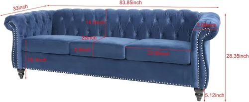 Vista 2 de Sofá Chesterfield, Sofá Moderno de Terciopelo Capitonado de 3 Plazas con Brazos Enrollados y Tachuelas para Sala de Estar, Dormitorio, Oficina, Azul