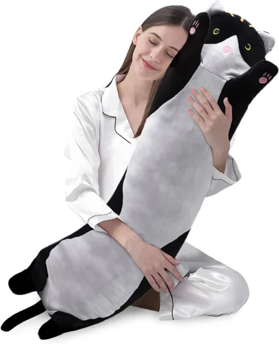 Vista 21 de shangman Bonita muñeca de gato de peluche, bonita almohada de peluche suave de caricaturas, almohada larga para dormir, regalo del día de San Negro