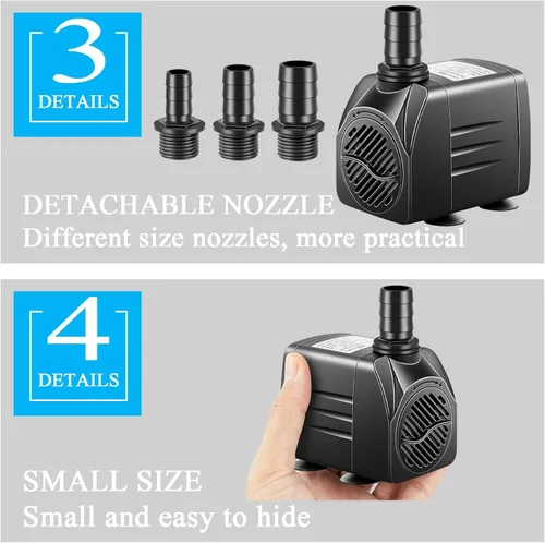 Vista 5 de Bomba sumergible, bomba de fuente pequeña con tubo, bomba de agua sumergible para acuario, pecera, interior o exterior, fuente de estanque 25W 400gph