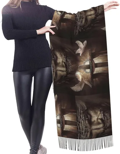 Vista 2 de ZTUOECV Bufanda con borlas, chal envolvente para mujer, vestidos de noche de otoño e invierno, bufandas, regalos cristianos únicos