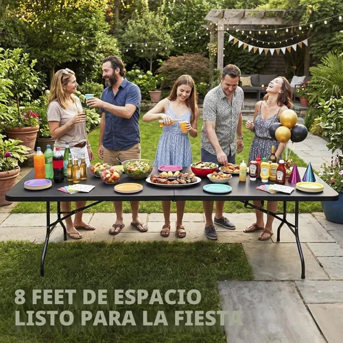 Vista 2 de Simpli-Magic 8ft Portable Plastic Folding Table – Indoor & Outdoor Heavy-Duty Foldable Utility Table w/Handle for Party & Camping (Black)