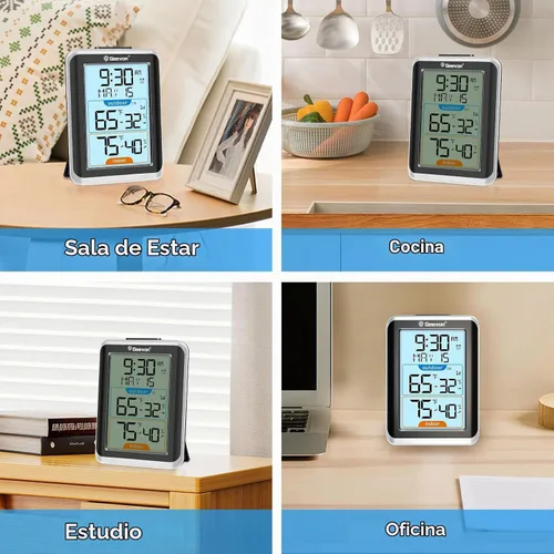 Vista 8 de Geevon Termómetro e higrómetro inalámbrico para interiores/exteriores, sensor digital de temperatura y humedad con hora, reloj, rango de 200 Negro B