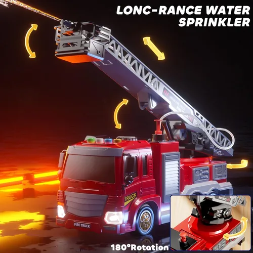 Vista 3 de JUKUDAHU Camión de bomberos de juguete para niños de 3, 4, 5, 6, 7, 8 años, juego de camiones de bomberos con escalera giratoria, sonido y luz