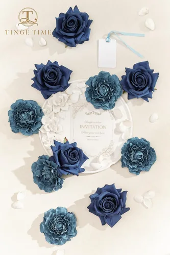 Vista 2 de TINGE TIME 16 rosas artificiales de seda de aspecto real, mezcla de color azul, rosa falsa con tallo para ramos de boda, centros de mesa
