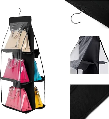 Vista 3 de HAN SHENG Organizador colgante de 6 bolsillos transparente para bolsos y monederos - Estante colgante para ahorrar espacio para clóset, armario