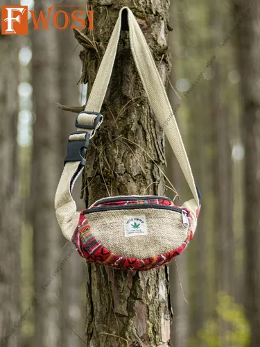 Vista 2 de FWOSI Hippie Style Riñonera de cáñamo puro para el vientre, para hombres y mujeres, para senderismo, viajes, bolsa de playa bohemia para uso