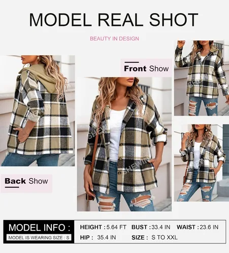 Vista 4 de SHEWIN Camisas de manga larga con botones para mujer, de franela, con capucha, abrigos con capucha