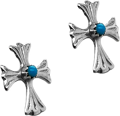 Vista 2 de Genuine Sleeping Beauty Turquoise Cross Earrings, Sterling Silver, Authentic Native American Handmade in New Mexico, USA, Post Stud, Small Blue