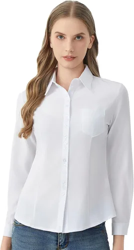 Vista 4 de Camisa clásica con botones y bolsillos, blusa de manga larga con cuello para mujer