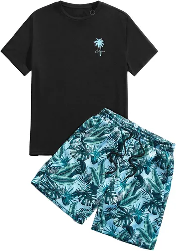 Vista 6 de GORGLITTER Conjunto de 2 piezas de camiseta gráfica de manga corta para hombre, estampado hawaiano con cordón y pantalones cortos
