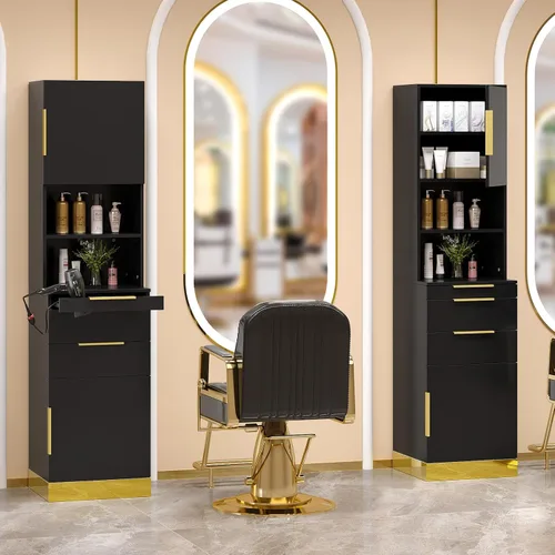 Vista 2 de OmySalon Estación de peluquería, estación de peluquería para estilista, gabinete de almacenamiento de belleza con acabado de acero inoxidable, Negro