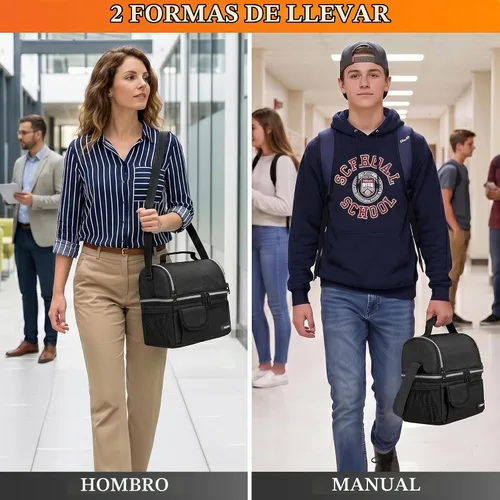 Vista 6 de Opux - Bolsa de almuerzo aislada de doble compartimento para hombres y mujeres Bolsa de almuerzo reutilizable con correa para el hombro, forro