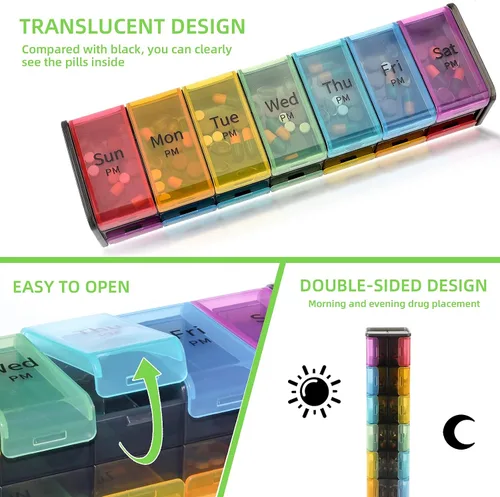 Vista 4 de Organizador de pastillas semanal extra grande, pastillero AM/PM de 7 días con compartimento XXL para aceites de pescado, organizador de medicamentos