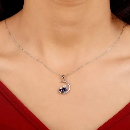 Vista 3 de Collar de zafiro azul de 34 quilates y diamante gato en la luna para mujer calidad AAA oro blanco de 10 quilates con cadena Metal Piedra preciosa