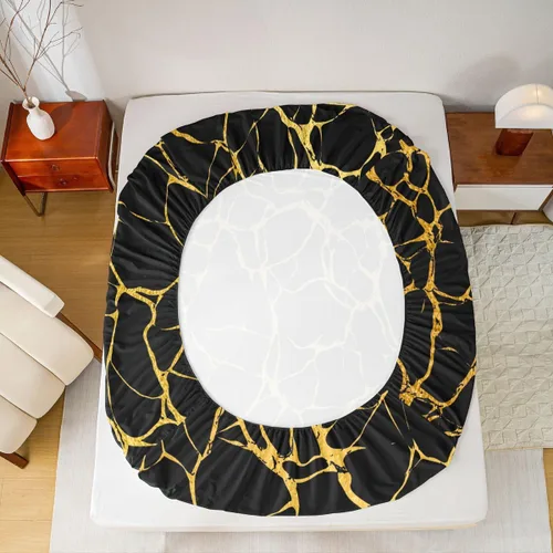 Vista 5 de Erosebridal Sábana bajera ajustable de mármol metálico dorado, tamaño individual, sábanas de cama con purpurina dorada negra, diseño de textura