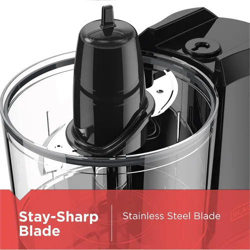Vista 4 de Picador eléctrico Black + Decker HC306 1 y 1/2 tazas con un solo toque, color blanco, Capacidad de 1.5 tazas con ensamble mejorado y tapa, Negro