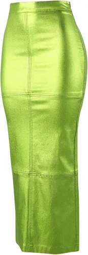Vista 5 de Daygeve Falda larga de piel sintética para mujer, cintura alta, metálica, brillante, entallado, a la cadera, maxifaldas, falda tubo sexy, ropa