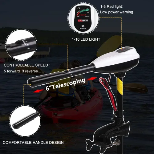 Vista 3 de PEXMOR Motor de arrastre eléctrico de 8 velocidades, motor eléctrico fuera de borda para barco con mango ajustable e indicador LED, montado