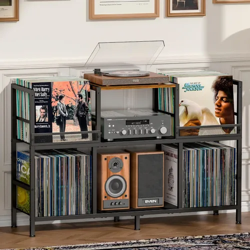 Vista 10 de Sonyabecca Soporte para tocadiscos con 4 divisores ajustables, almacenamiento de discos de vinilo hasta 350 álbumes, soporte de almacenamiento