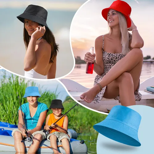 Vista 4 de Paquete de 12 sombreros de pescador de algodón a juego para la familia, sombrero de pescador para niños, a granel, ligero, unisex, sombrero de cubo