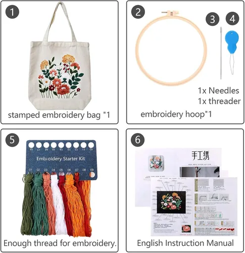 Vista 4 de Kit de bordado MAMUNU de lona con patrón para principiantes, kits de arte y manualidades DIY para adultos, incluye bolsa de bordado