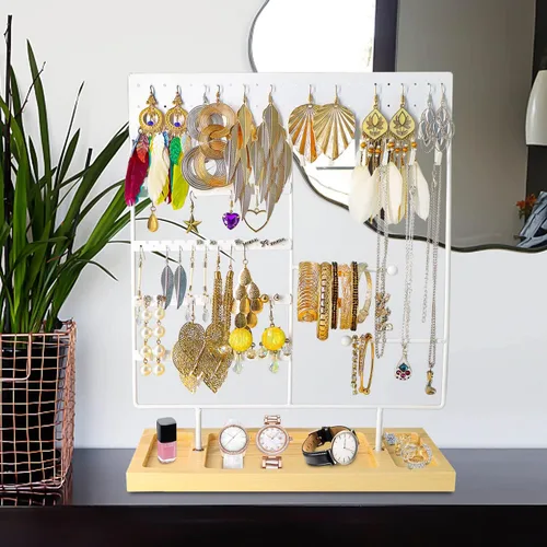 Vista 4 de VIEFIN Soporte organizador de joyas colgante, soporte para aretes, soporte de joyería de 5 niveles con 120 agujeros para aretes, collares, pulseras