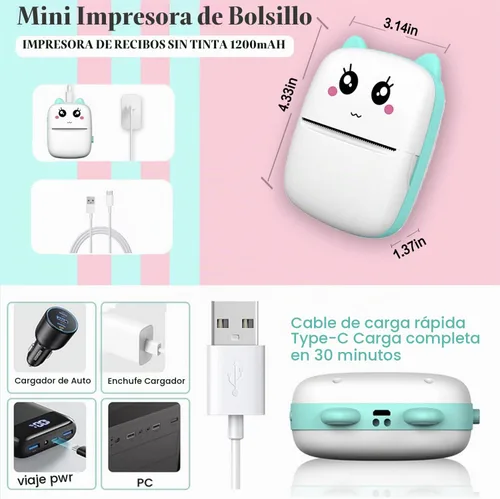 Vista 3 de Mini impresora de calcomanías con 11 rollos de papel, recibo de bolsillo térmico sin tinta para iOS iPhone y Android, Bluetooth portátil