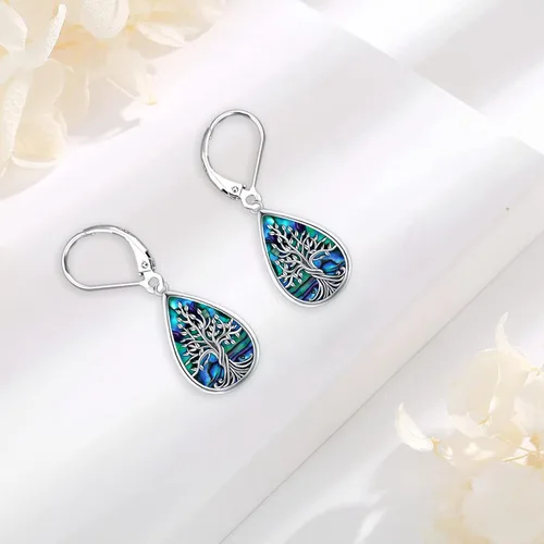 Vista 206 de Aretes colgantes de plata de ley con diseño de árbol de la vida, flor, abeja, animales, gato, colibrí, piedra lunar, turquesa, aretes con cierre