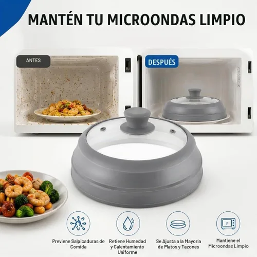 Vista 2 de Cubierta de salpicaduras de microondas para alimentos, cubierta de microondas de vidrio de 10.5 pulgadas con borde de silicona plegable, cubierta
