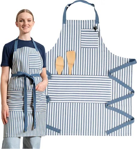 Vista 16 de MEEMA Delantal de chef con bolsillos, talla única, delantales ajustables reciclados para mujeres y hombres, para cocinar, hornear, asar a