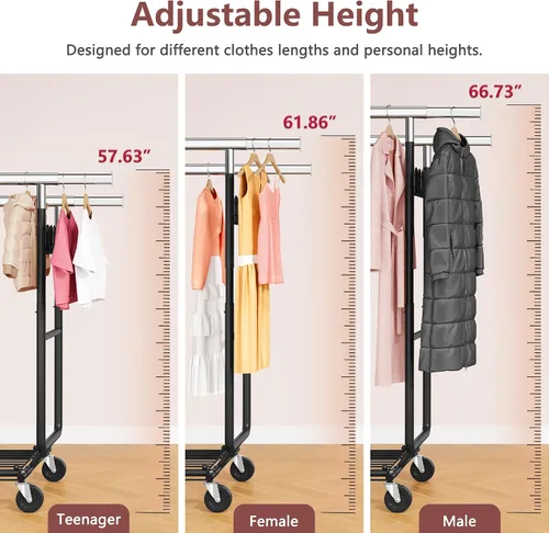 Vista 7 de Hoctieon Perchero de doble varilla de montaje en 2 minutos, estante resistente para ropa con ruedas, plegable para uso comercial, barra extensible