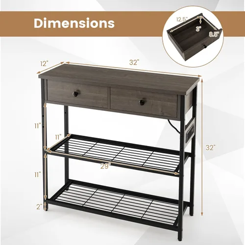 Vista 3 de GOFLAME Mesa consola con toma de corriente, mesa de entrada estrecha con cajones, 2 salidas de CA y 2 puertos USB, mesa de sofá para sala de estar