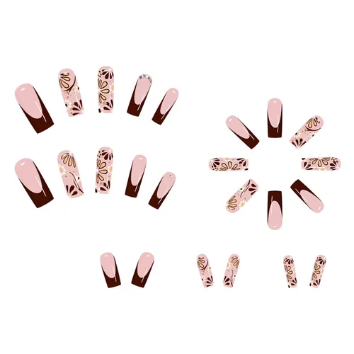 Vista 4 de IMSOHOT Uñas postizas largas cuadradas con diseños de flores, color marrón brillante, nude, uñas postizas de cobertura completa, puntas de uñas