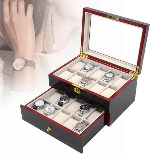 Vista 4 de LOYALHEARTDY Caja de reloj de madera de 20 ranuras, joyería y reloj de exhibición Oraorganization de 2 capas soporte de reloj de madera