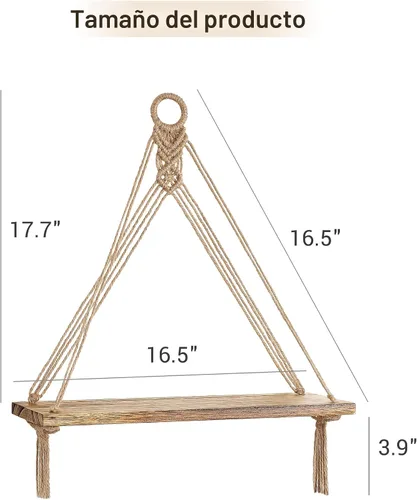Vista 3 de Mkono - Juego de 2 estantes colgantes de macramé estilo bohemio para decoración de pared, estantes flotantes de madera rústica para almacenamiento