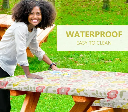 Vista 4 de LINPRO Funda de mesa de picnic de 6 pies con fundas de banco, cubiertas de vinilo ajustables para mesa de picnic con artículos esenciales de Floral
