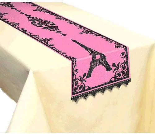 Vista 3 de Camino de mesa de tela de lujo rosa vibrante Day in París, 72 x 14 pulgadas (1 unidad), diseño parisino elegante y único, material duradero, ideal