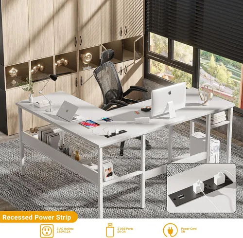 Vista 4 de Unikito Escritorio reversible para computadora en forma de L con tomas de corriente mágicas y puertos de carga USB, escritorio esquinero resistente