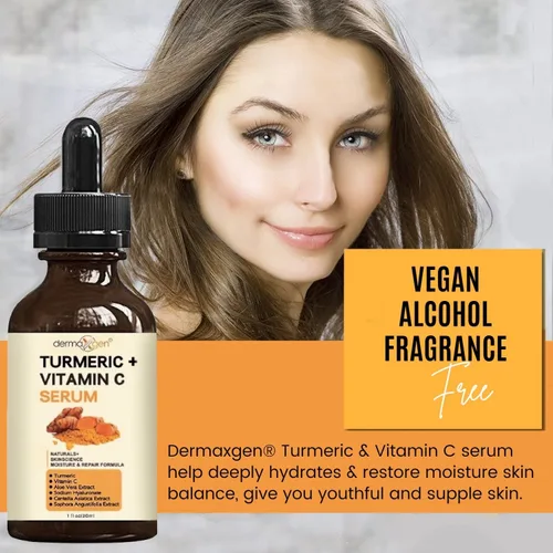 Vista 8 de Suero facial de cúrcuma + vitamina C, tratamiento orgánico para el acné, tono de piel claro, hidrata la piel opaca y seca, suero facial