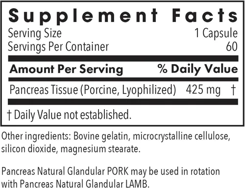 Vista 2 de ARG Pancreas Natural Glandular 425 mg Cerdo, 60 Cápsulas