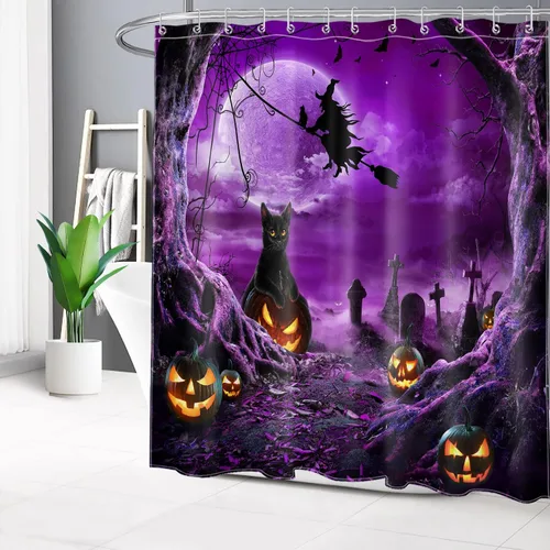 Vista 24 de LB Cortina de ducha espeluznante de Halloween, árbol muerto espeluznante con tela de araña de murciélago, cortina de ducha de baño con temática
