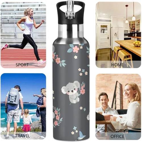 Vista 4 de Linda botella de agua de koala para niños, de acero inoxidable, con aislamiento al vacío, botella de boca de sandard con asa ancha #01