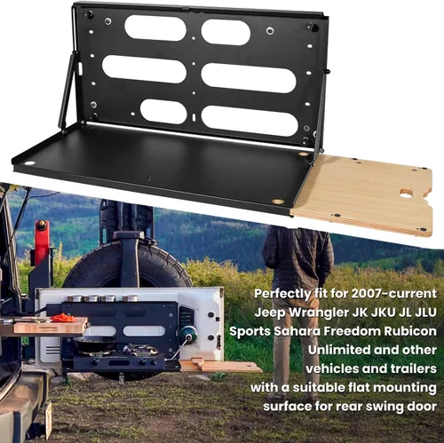 Vista 2 de E-cowlboy Mesa Plegable para Portón Trasero de 2007-2024 Jeep Wrangler JK JKU JL JLU Unlimited Sports Freedom Sahara Rubicon - Soporte de Carga